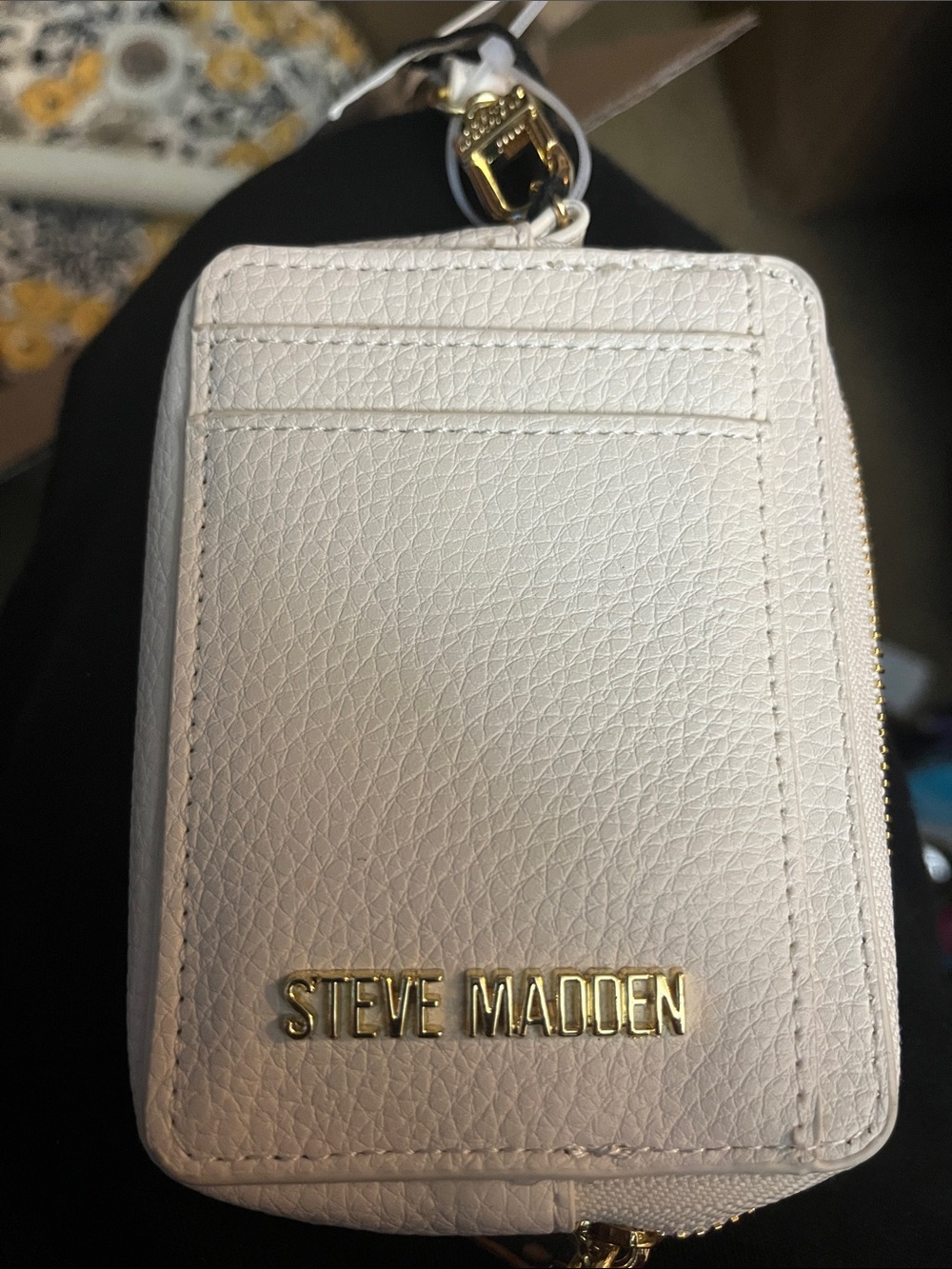 Steve Madden Cream Pebbled Cardholder with Gold Logo